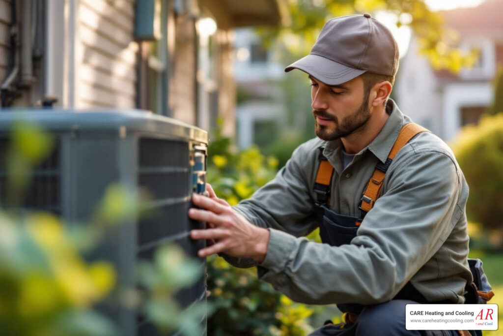 I need 24 hour heat pump repair in Dublin, OH. Who is open? 4 heat pump repair technician working on outdoor unit - "I need 24 hour heat pump repair in Dublin, OH. Who is open?"