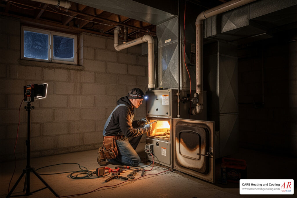 Don't Freeze: Top Same-Day Furnace Repair in Columbus 6 Cozy living room with snow outside window - emergency furnace repair in columbus, oh
